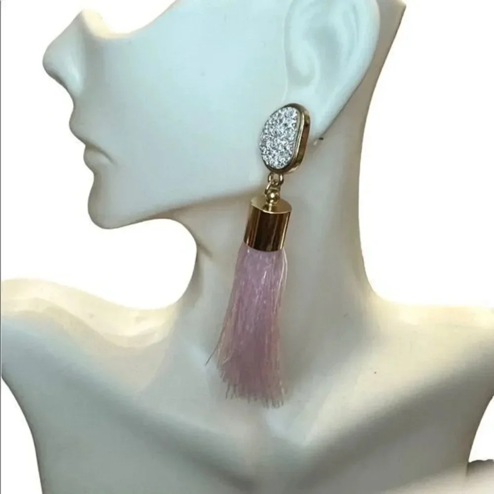 Rhinestone and Pink Tassel Dangle Earrings